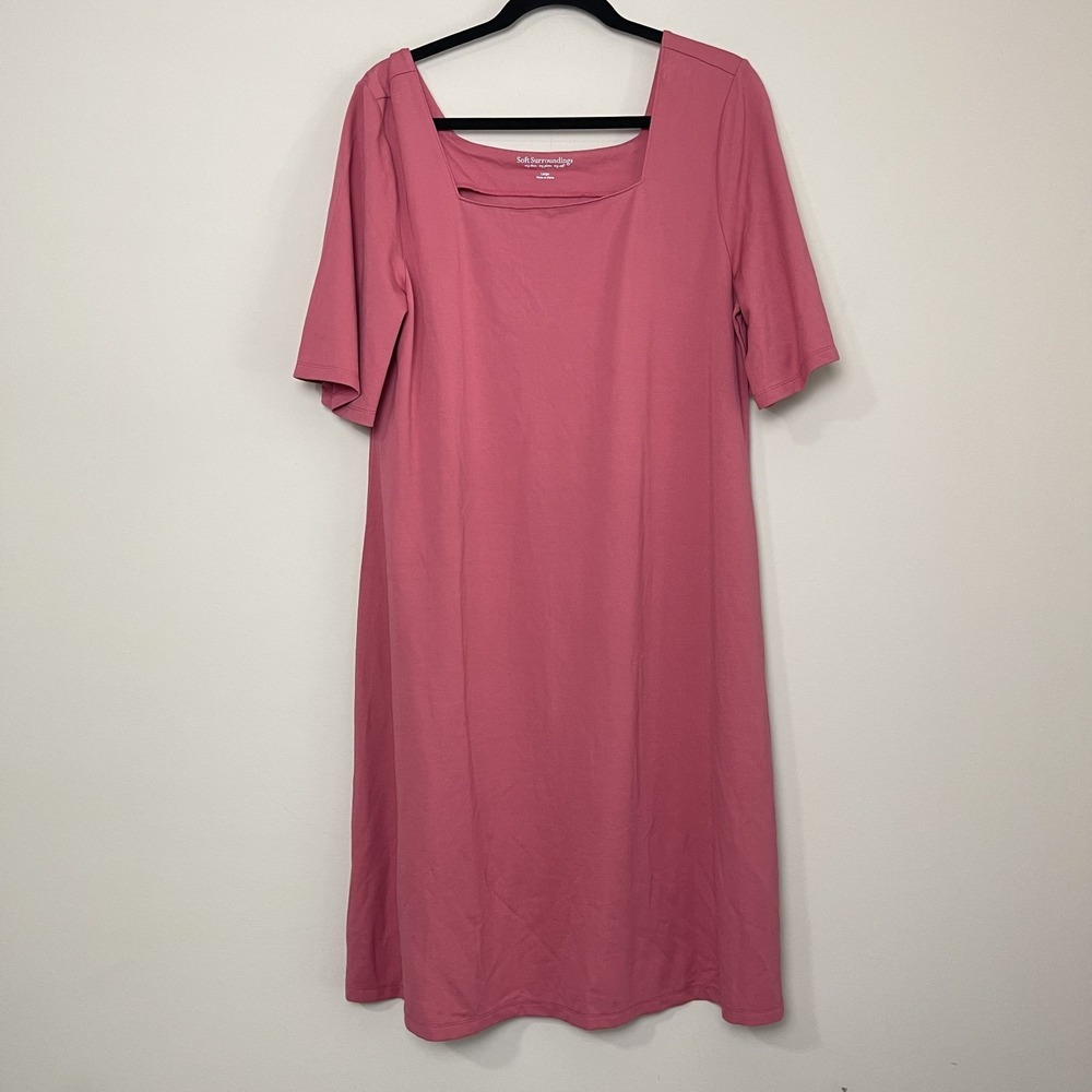 Soft Surroundings Pink Square Neck A-Line Knit Casual Cottagecore Coastal Dress